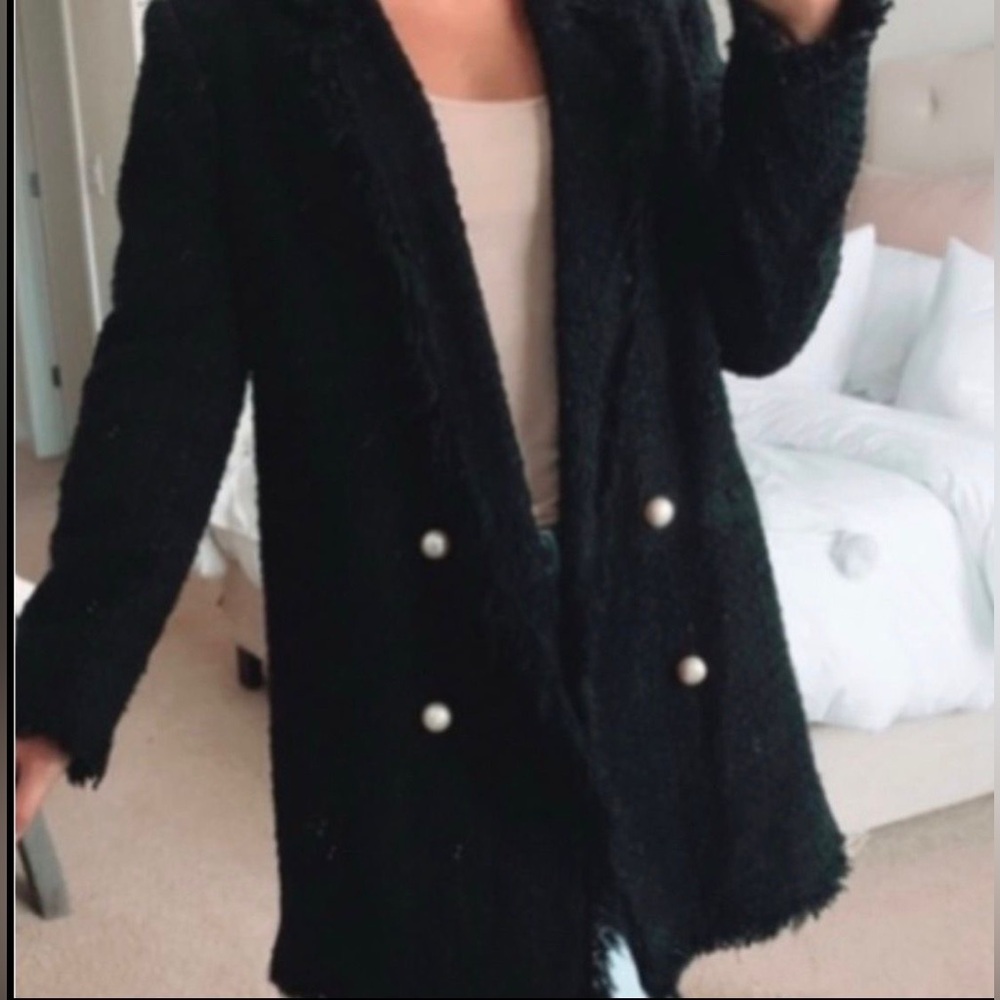 Zara Tweed Textured Long Pearl Button Jacket Coat in black size S